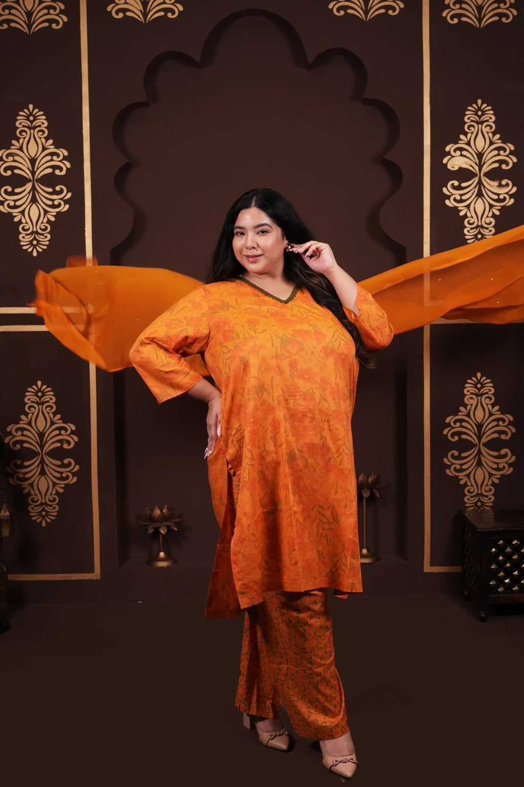 Plus Size - V Neck Mustard Cotton Suit Set with a Pocket & matching Dupatta