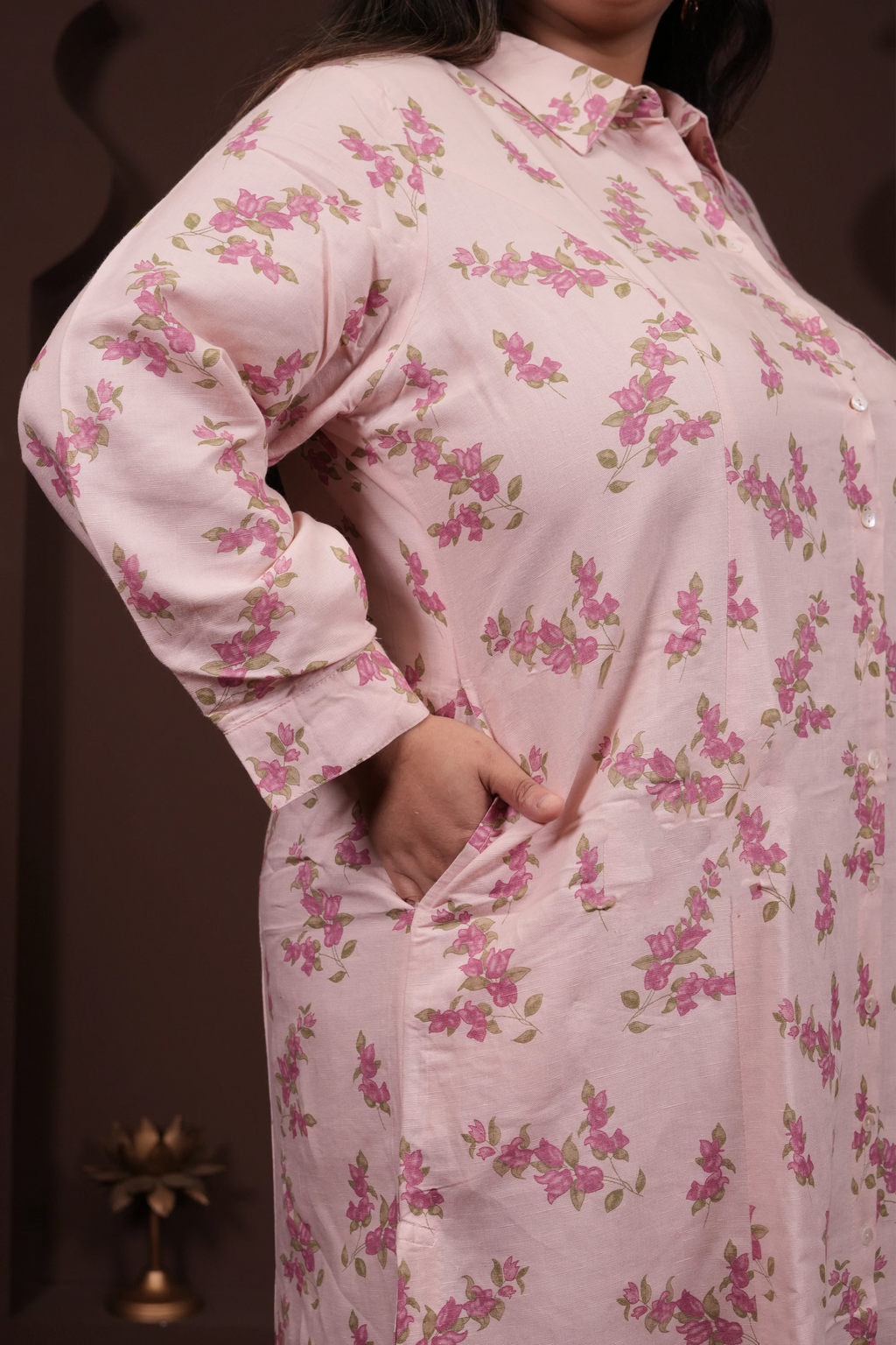 Plus Size - Collar Neck Light Pink Floral Dress