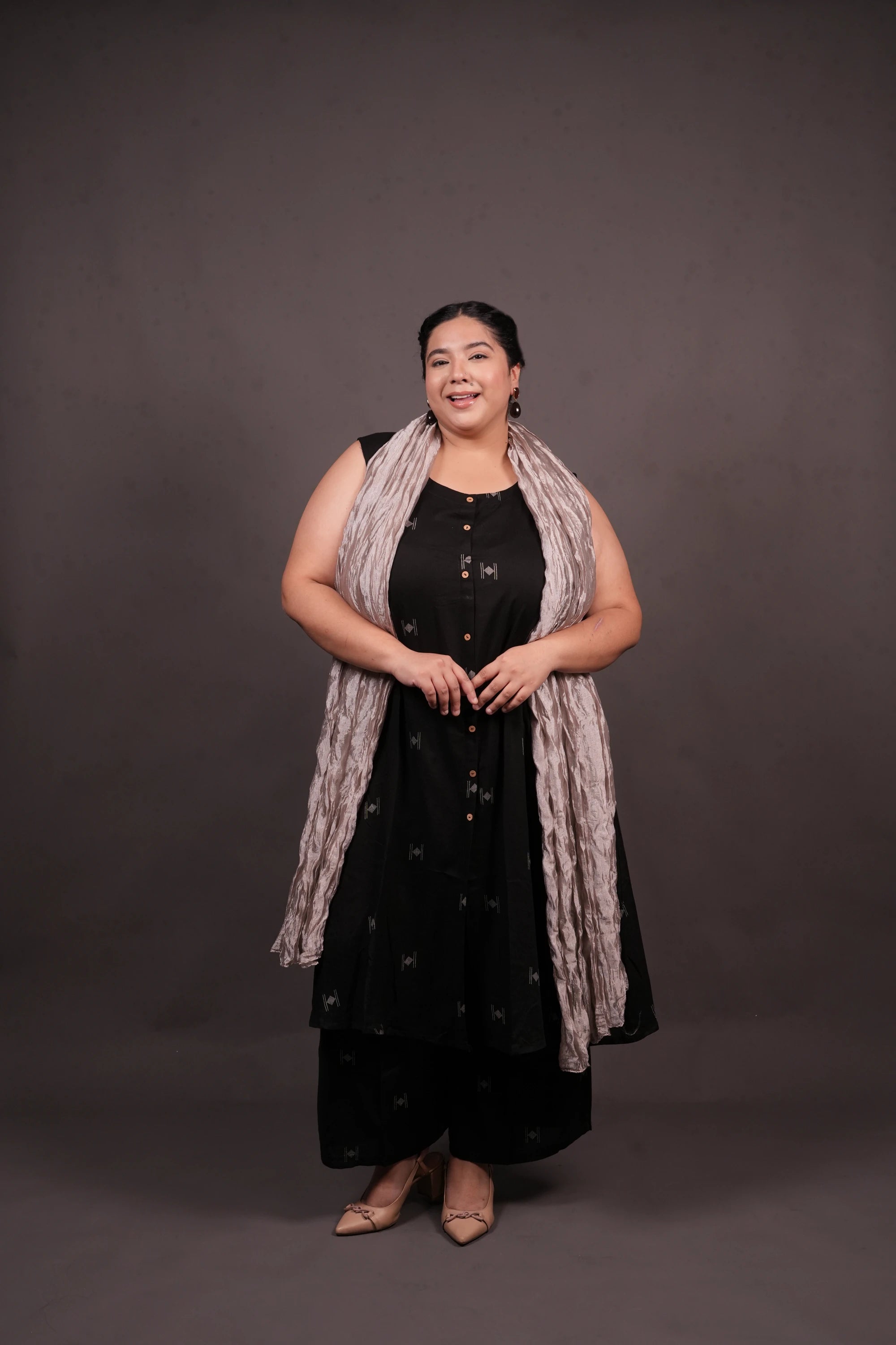Plus Size - Round Neck Black Suit Set with a Silver Silk Dupatta