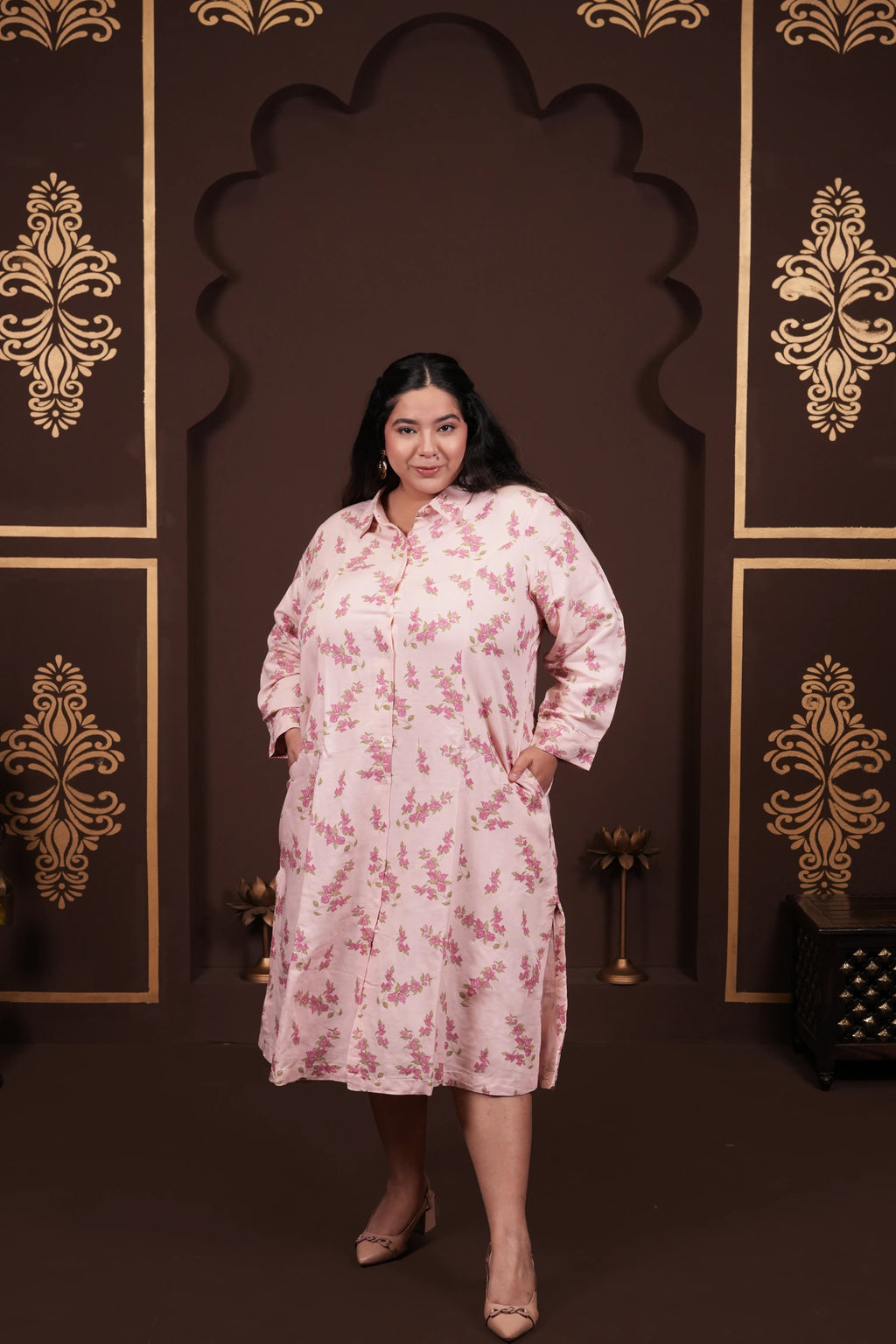 Plus Size - Collar Neck Light Pink Floral Dress