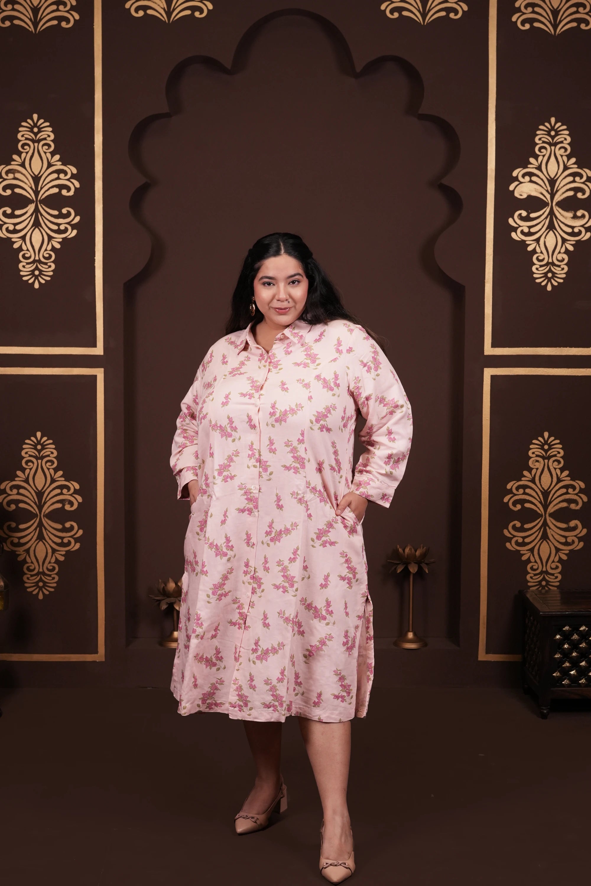 Plus Size - Collar Neck Light Pink Floral Dress