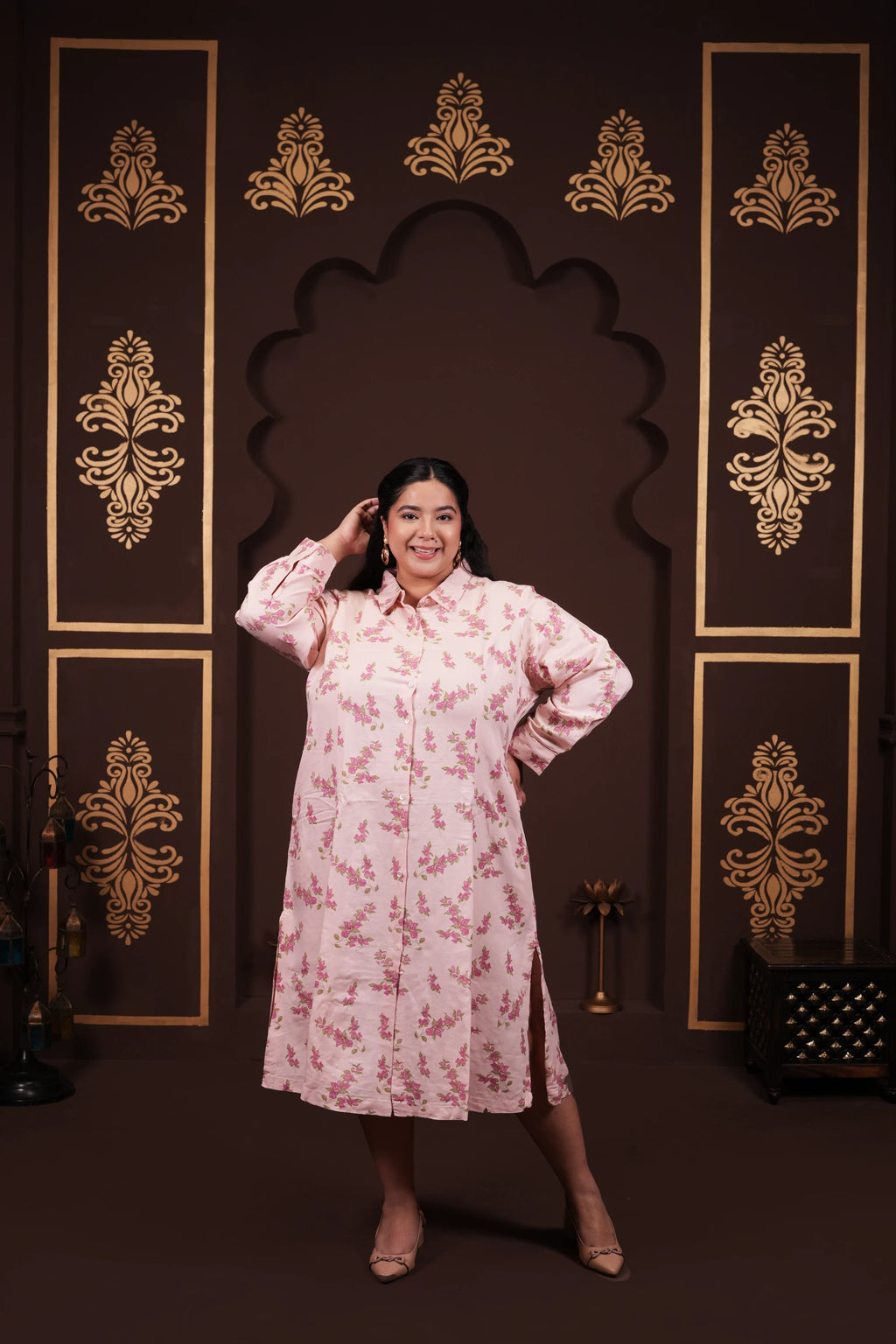 Plus Size - Collar Neck Light Pink Floral Dress