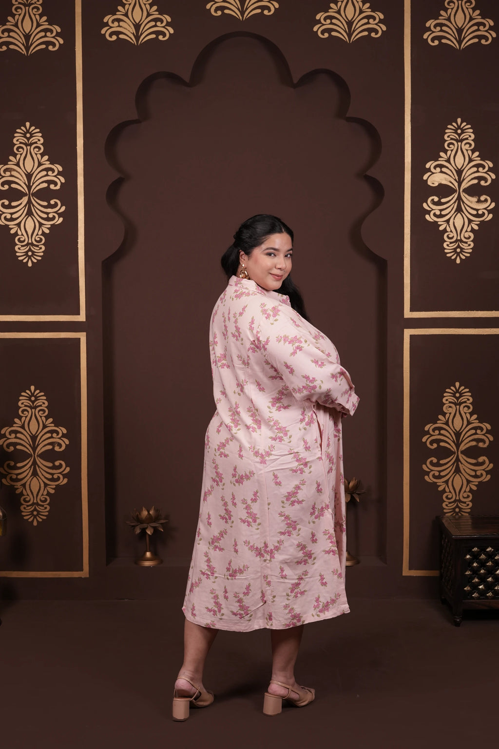 Plus Size - Collar Neck Light Pink Floral Dress