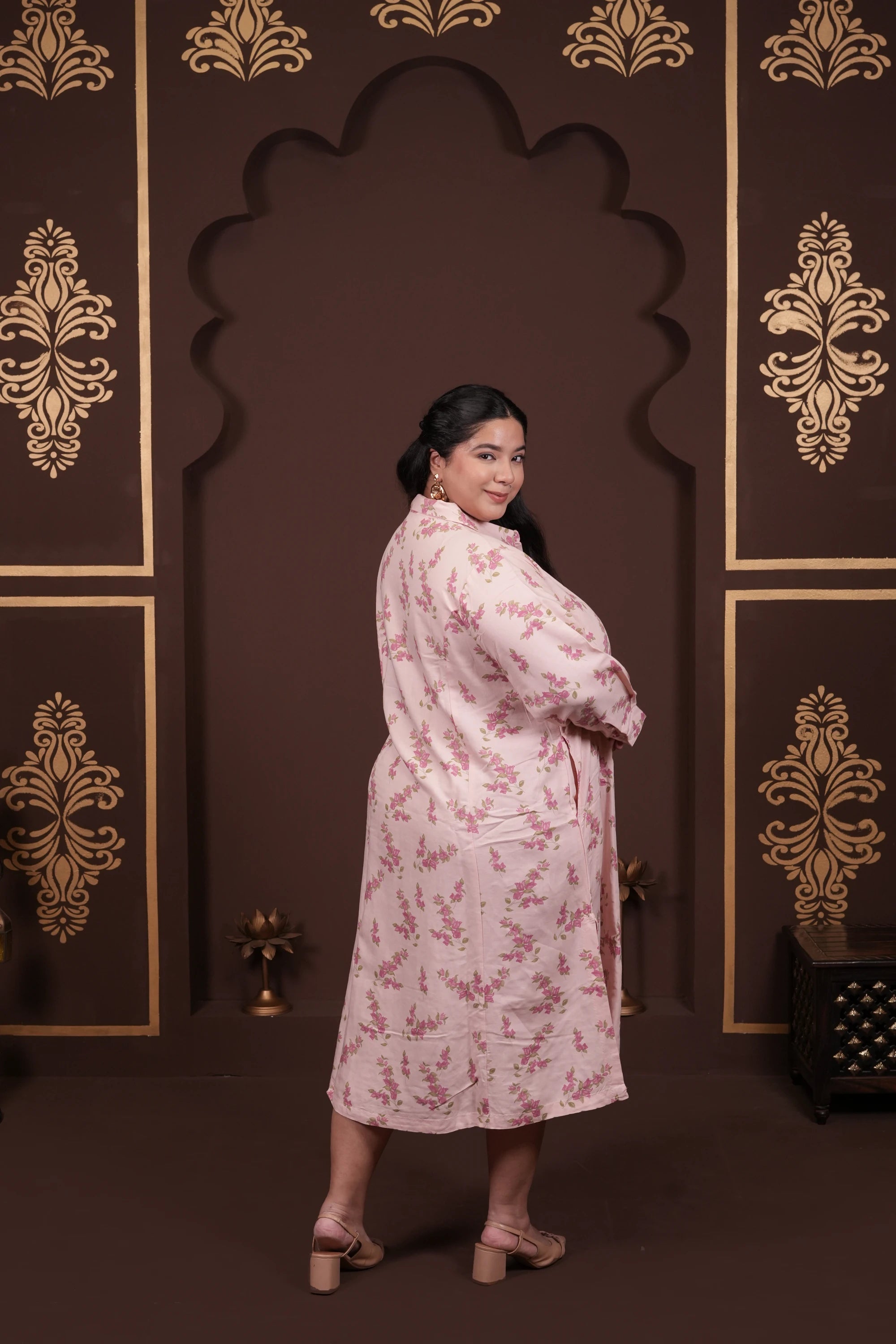 Plus Size - Collar Neck Light Pink Floral Dress