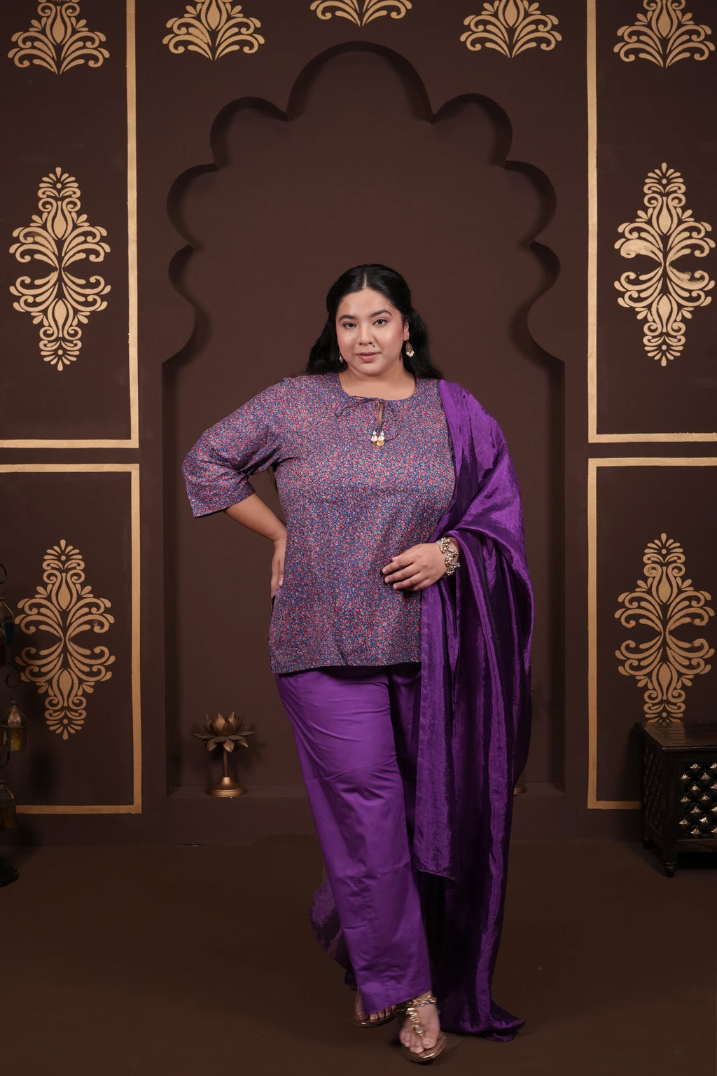 Plus Size - Round Neck Purple Cotton Suit Set with a Pocket & Purple Silk Dupatta