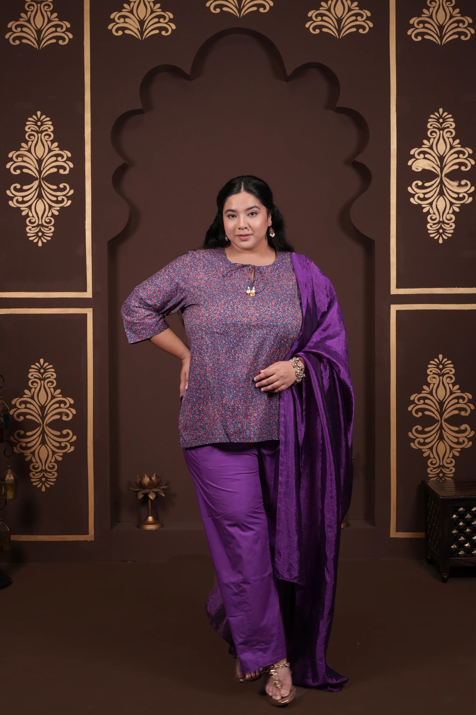 Plus Size - Round Neck Purple Cotton Suit Set with a Pocket & Purple Silk Dupatta