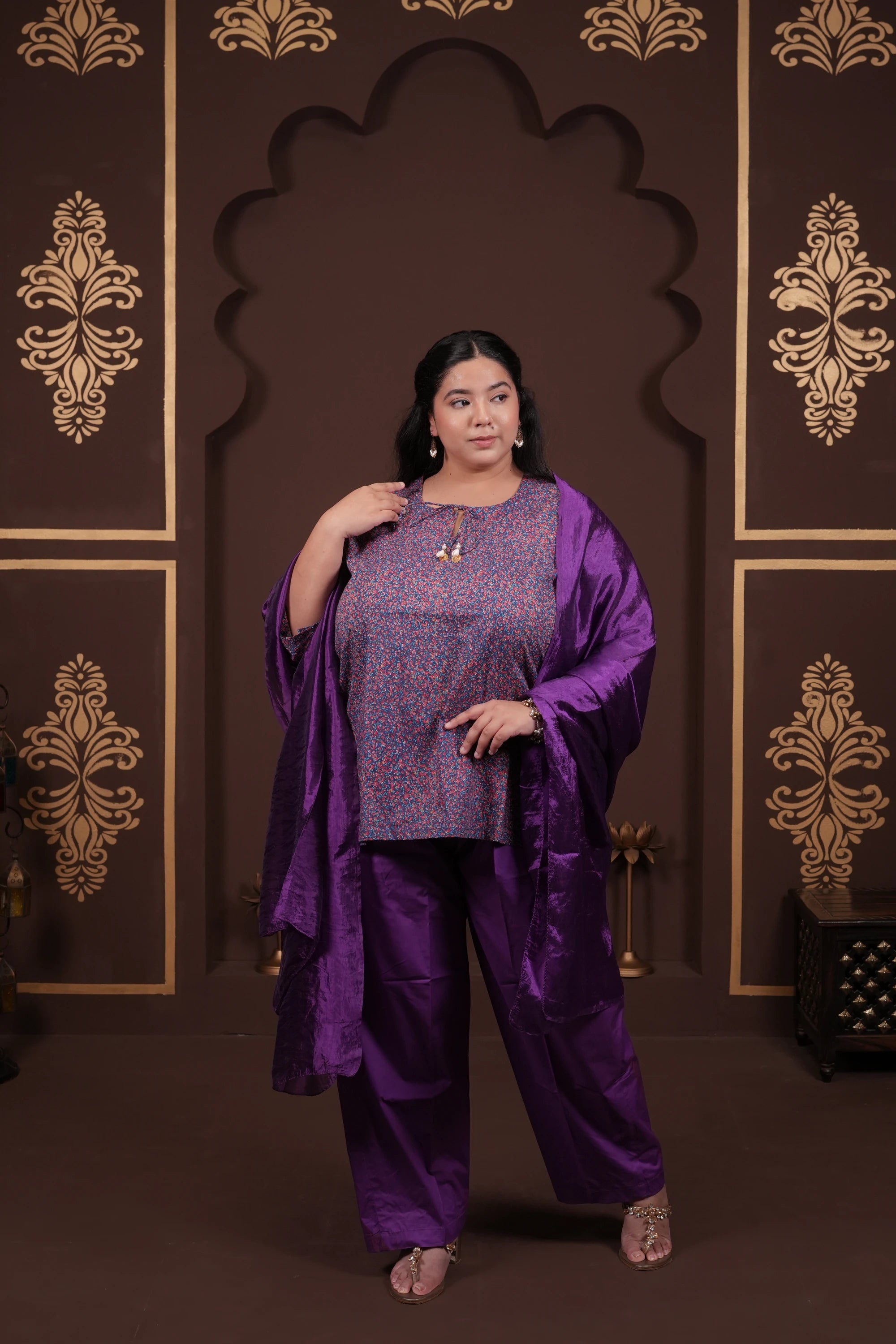 Plus Size - Round Neck Purple Cotton Suit Set with a Pocket & Purple Silk Dupatta