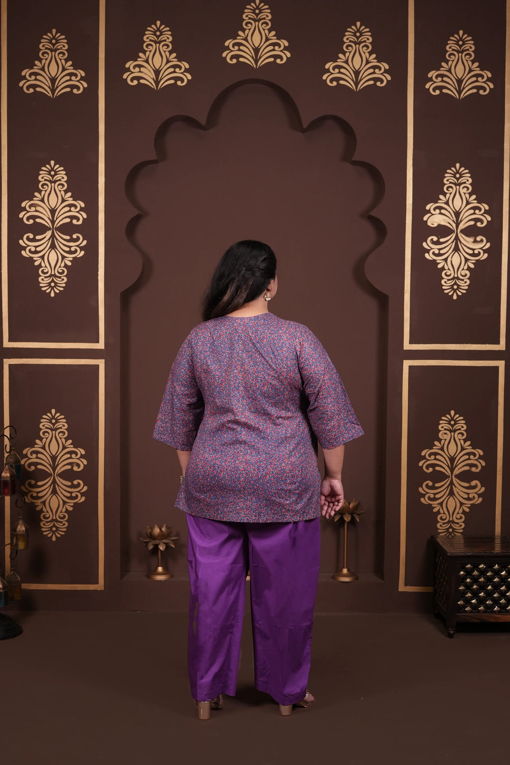 Plus Size - Round Neck Purple Cotton Suit Set with a Pocket & Purple Silk Dupatta