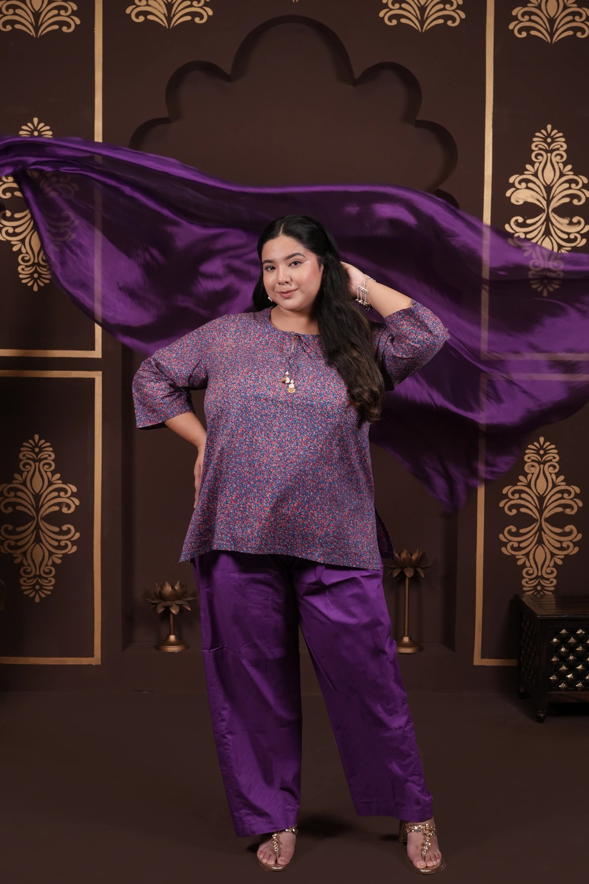 Plus Size - Round Neck Purple Cotton Suit Set with a Pocket & Purple Silk Dupatta