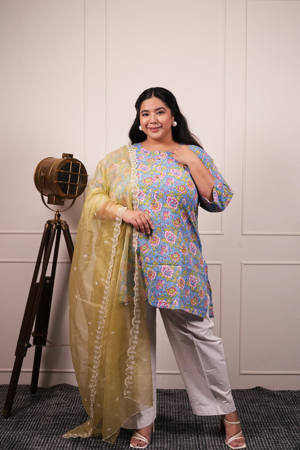 Plus Size - Round Neck Light Blue Kurti with Optional Pastel Green Organza Dupatta