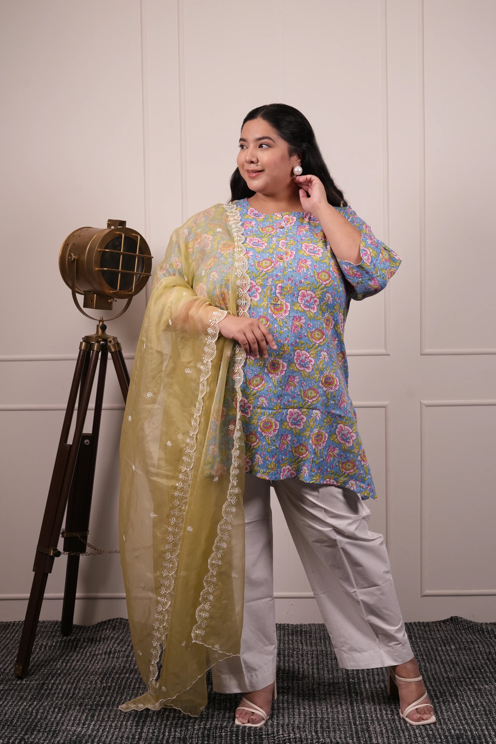 Plus Size - Round Neck Light Blue Kurti with Optional Pastel Green Organza Dupatta