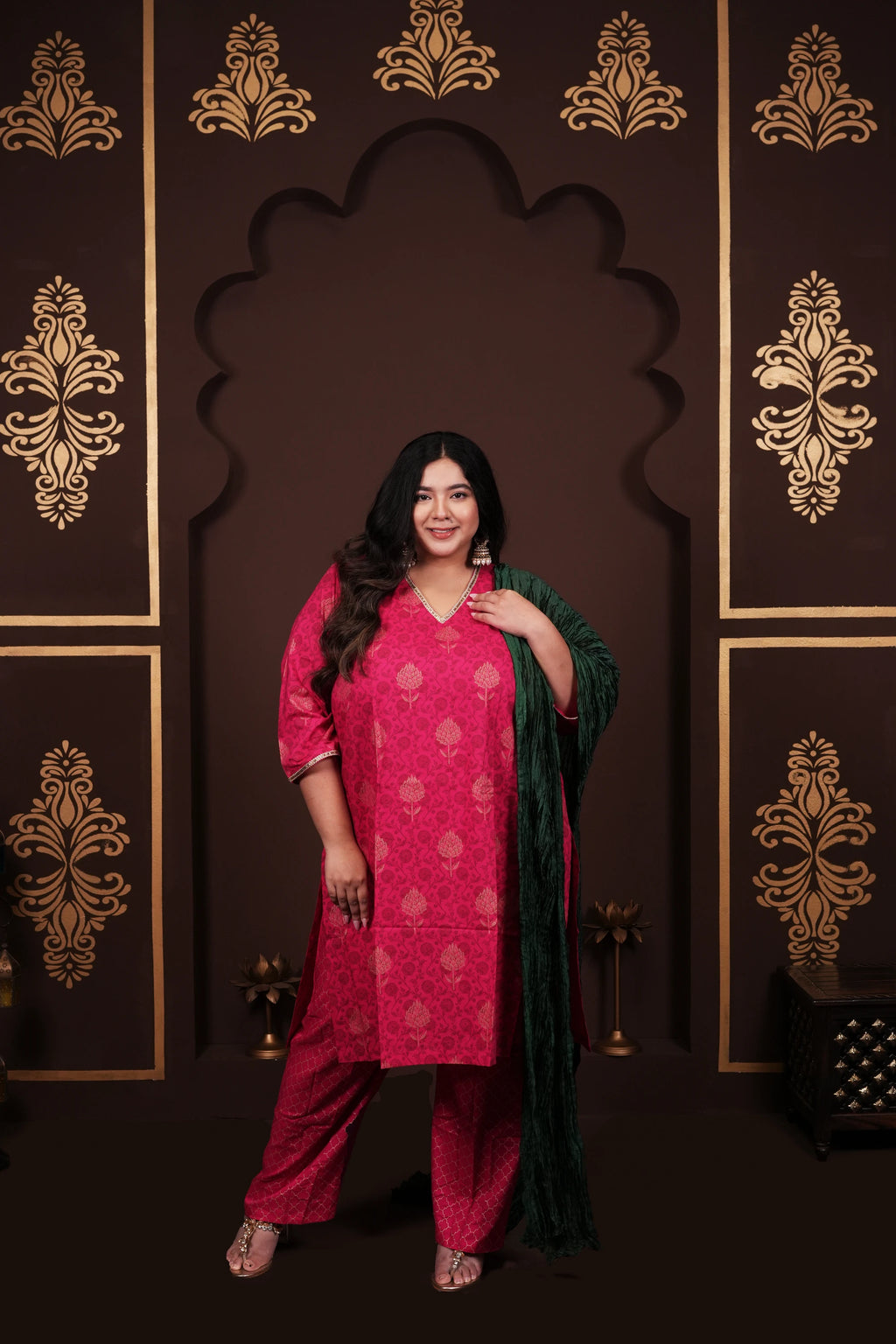 Plus Size - V Neck Bright Pink Cotton Suit Set with a Pocket & Emerald Green Silk Dupatta