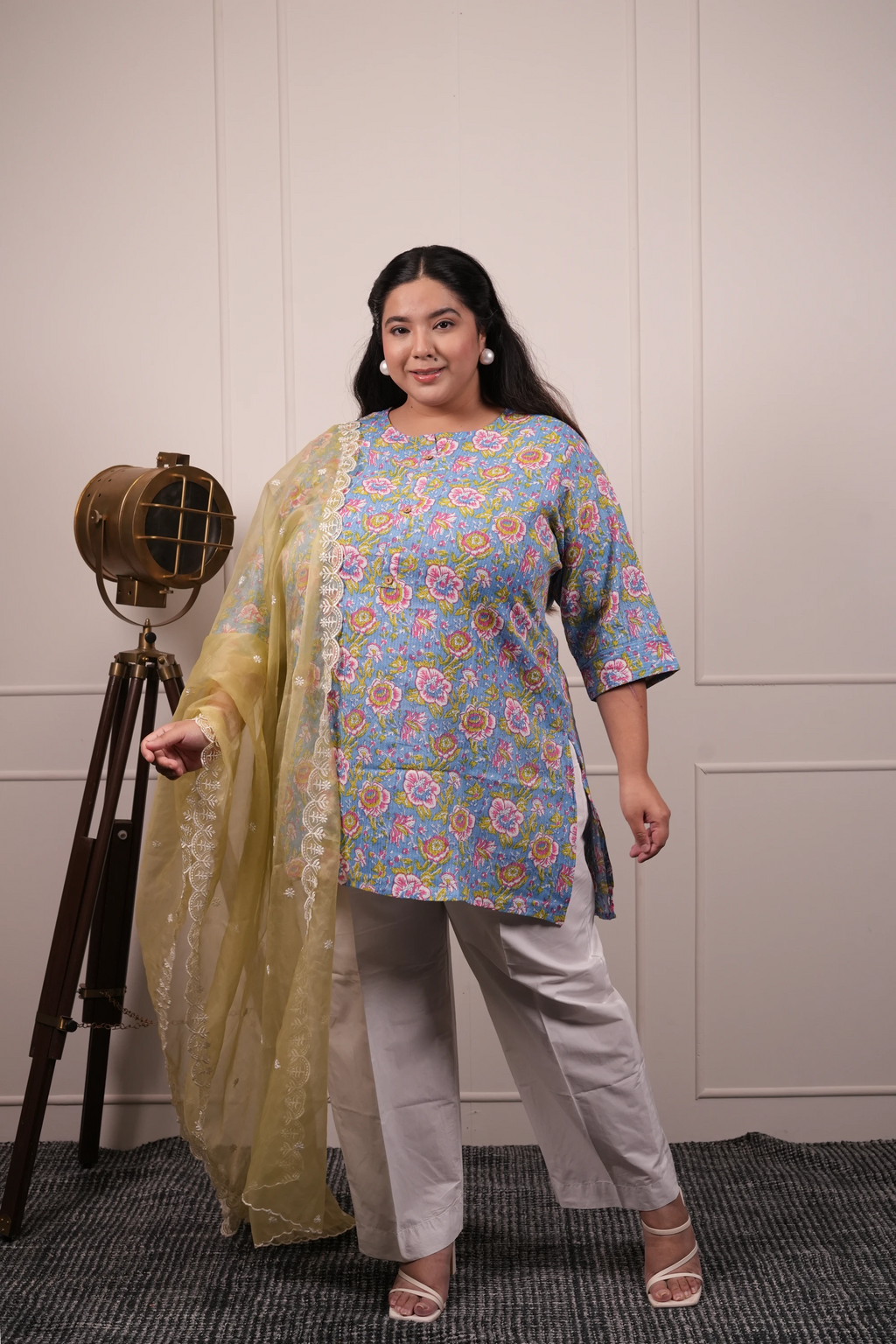 Plus Size - Round Neck Light Blue Kurti with Optional Pastel Green Organza Dupatta