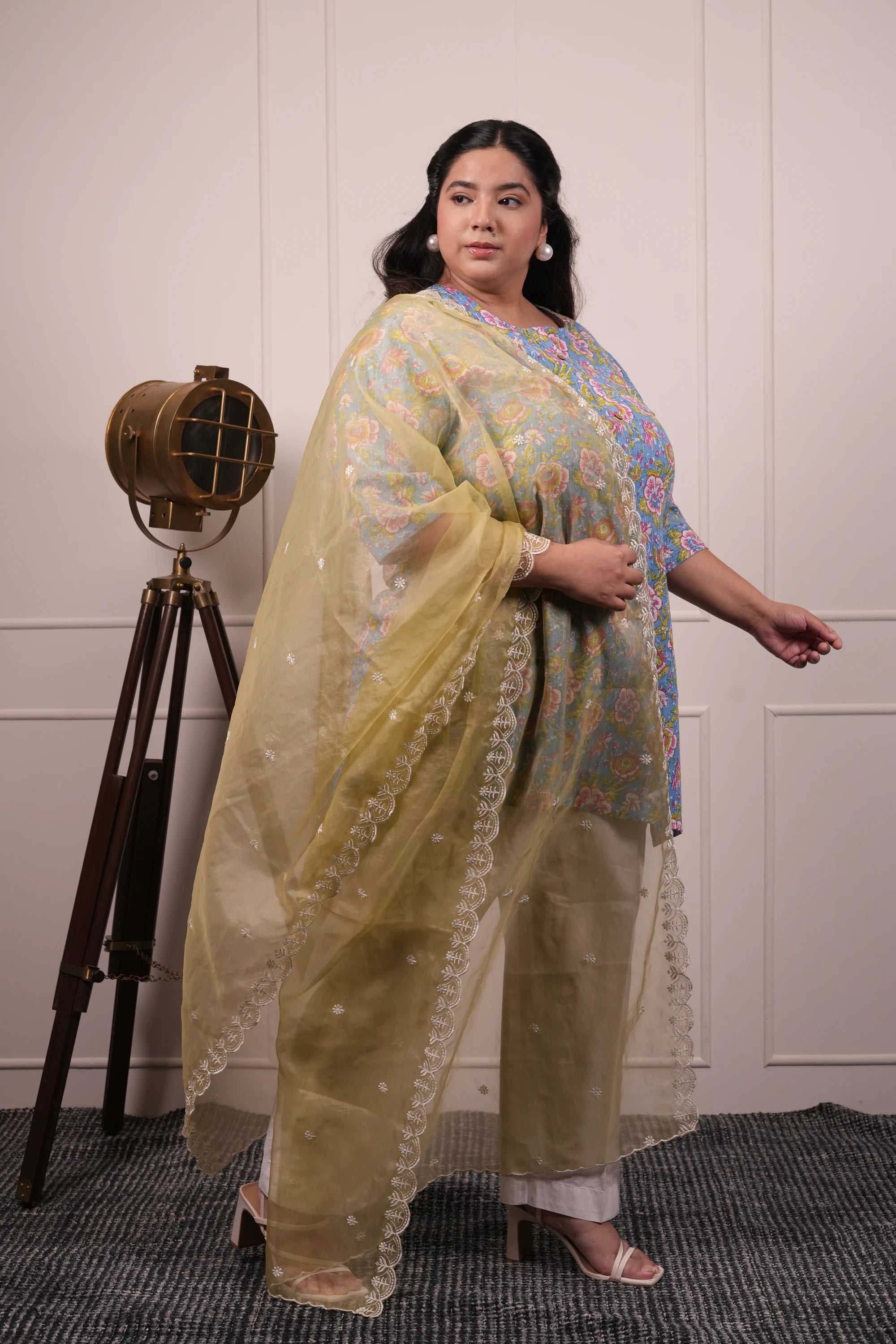 Plus Size - Round Neck Light Blue Kurti with Optional Pastel Green Organza Dupatta
