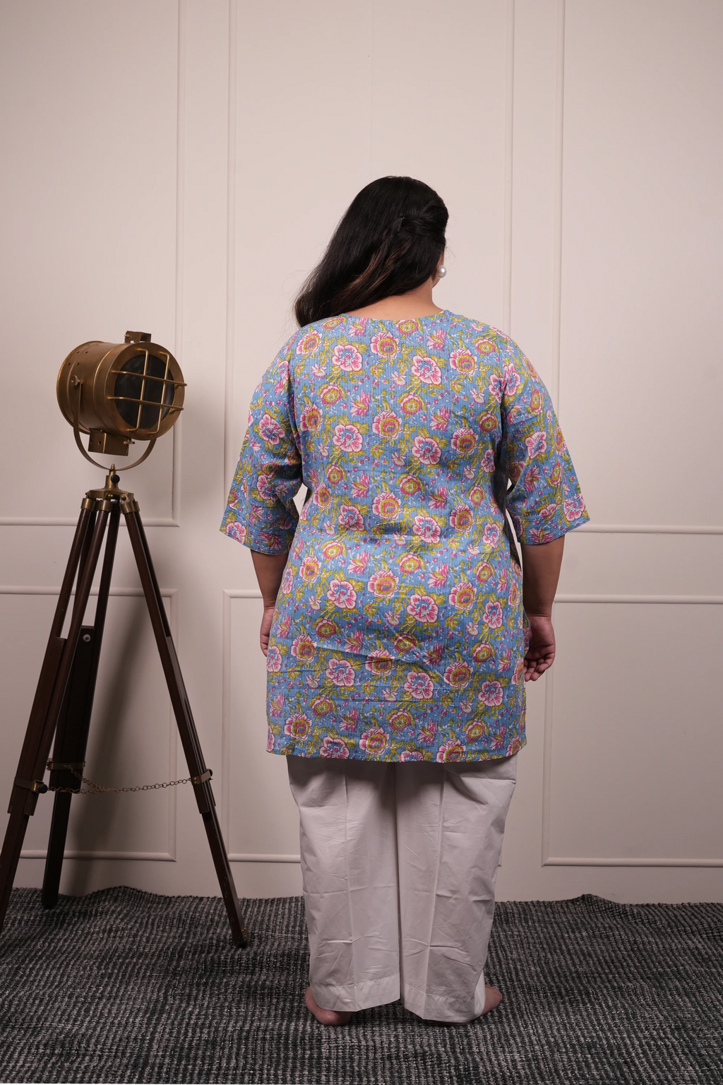 Plus Size - Round Neck Light Blue Kurti with Optional Pastel Green Organza Dupatta