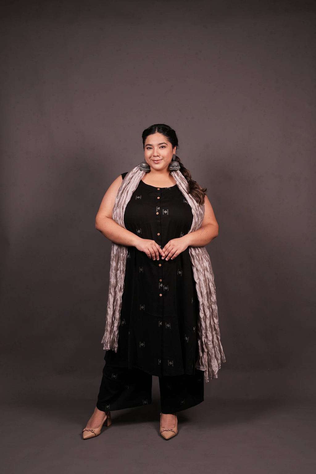 Plus Size - Round Neck Black Suit Set with a Silver Silk Dupatta