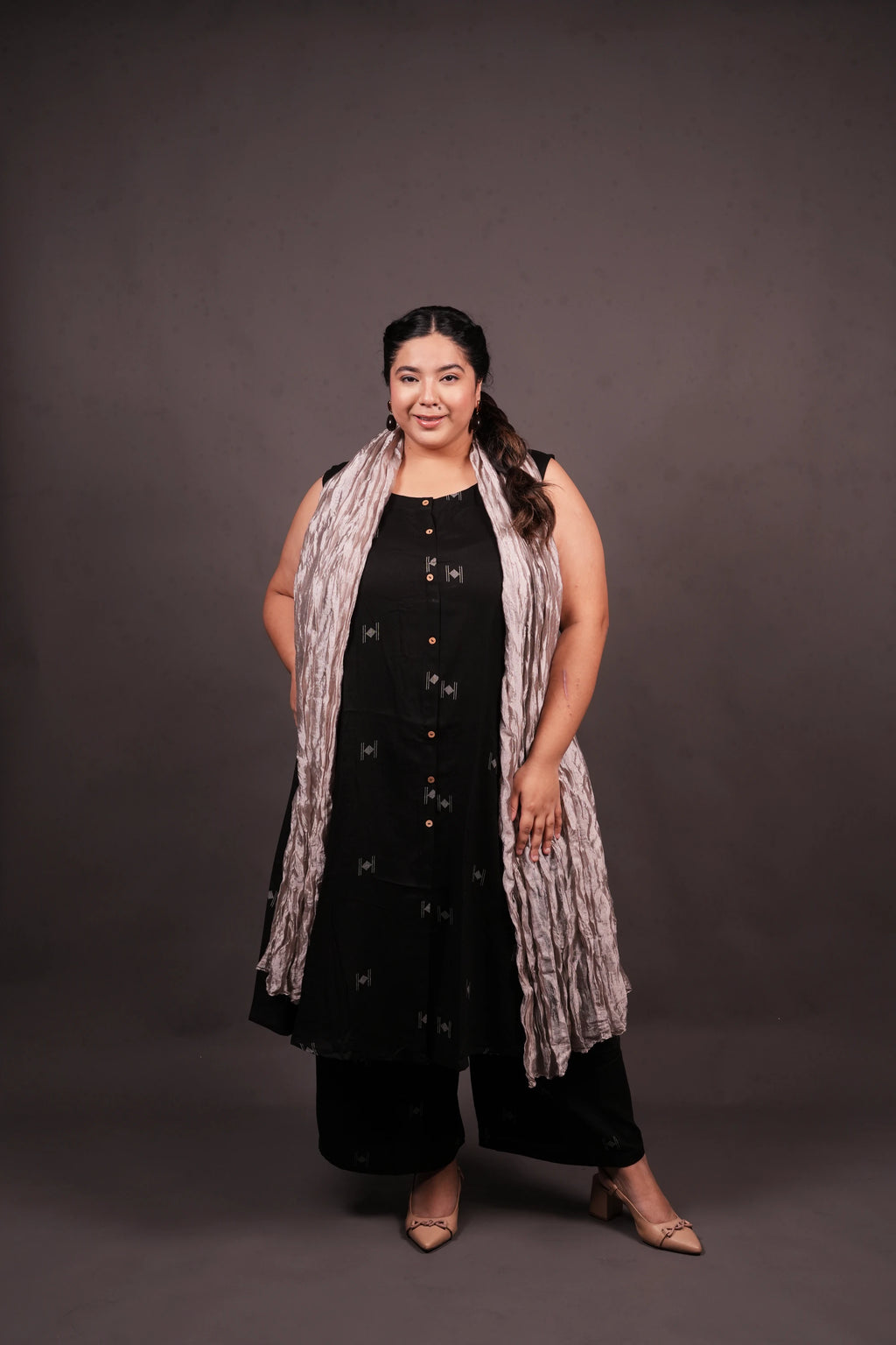 Plus Size - Round Neck Black Suit Set with a Silver Silk Dupatta