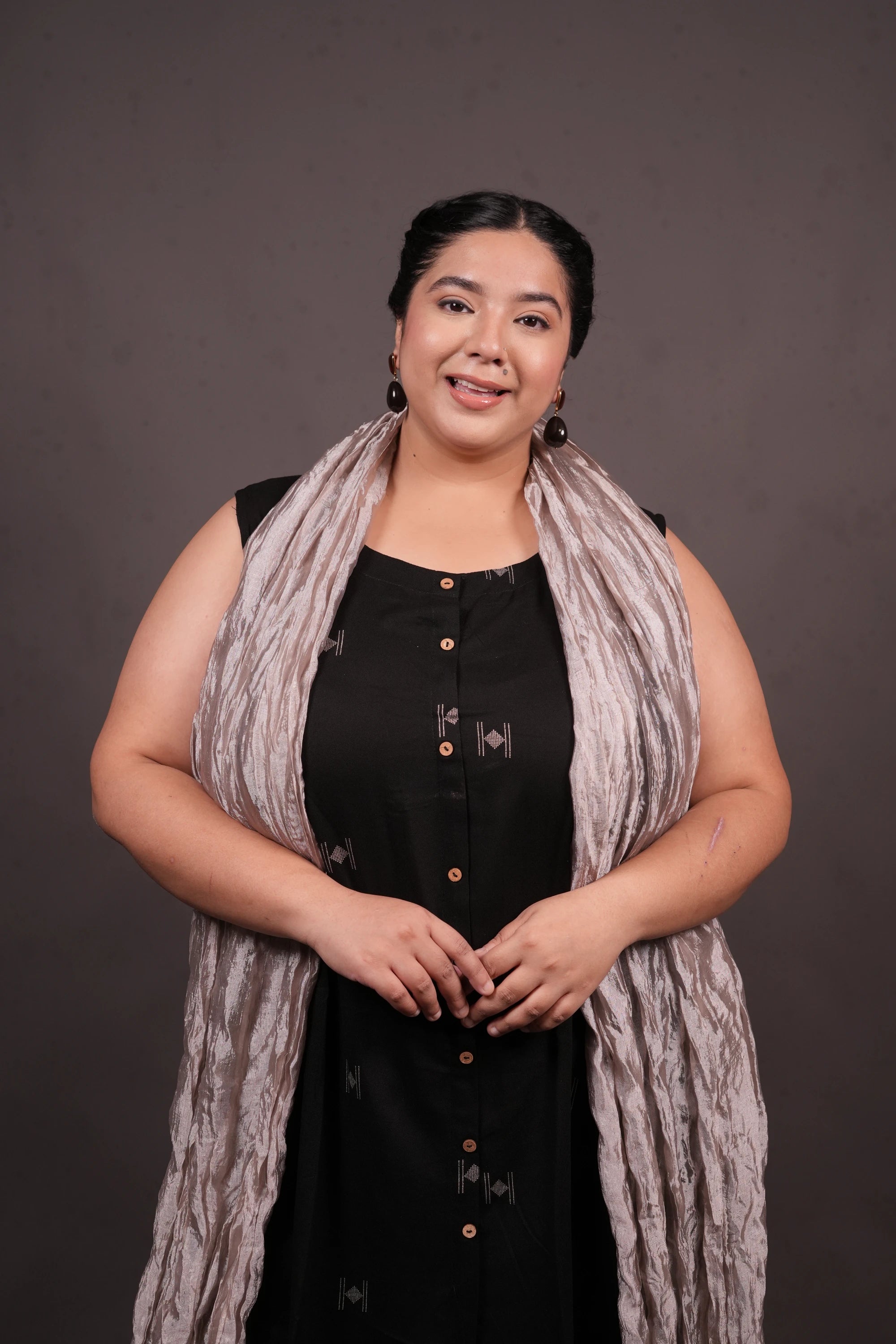 Plus Size - Round Neck Black Suit Set with a Silver Silk Dupatta