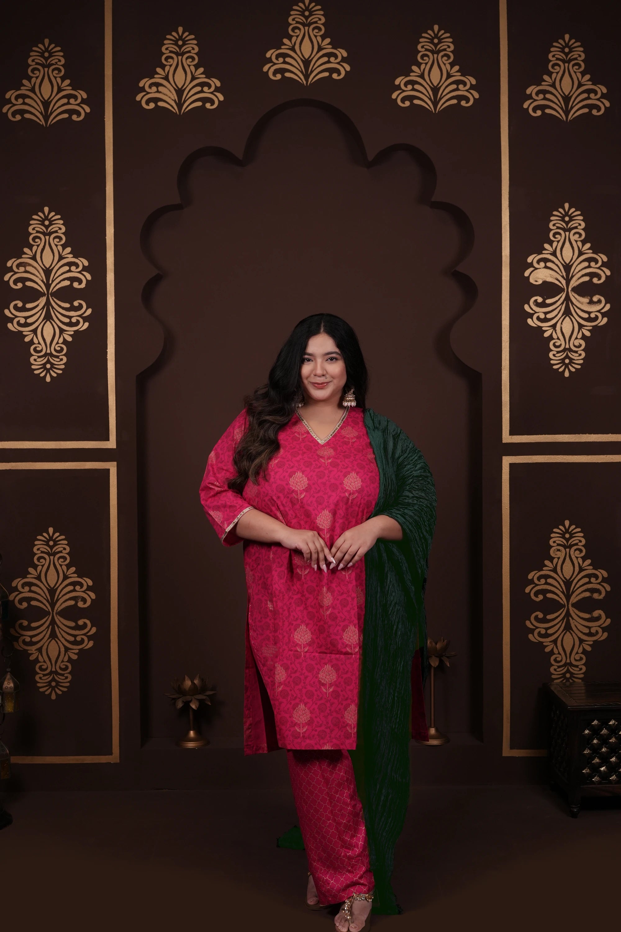 Plus Size - V Neck Bright Pink Cotton Suit Set with a Pocket & Emerald Green Silk Dupatta