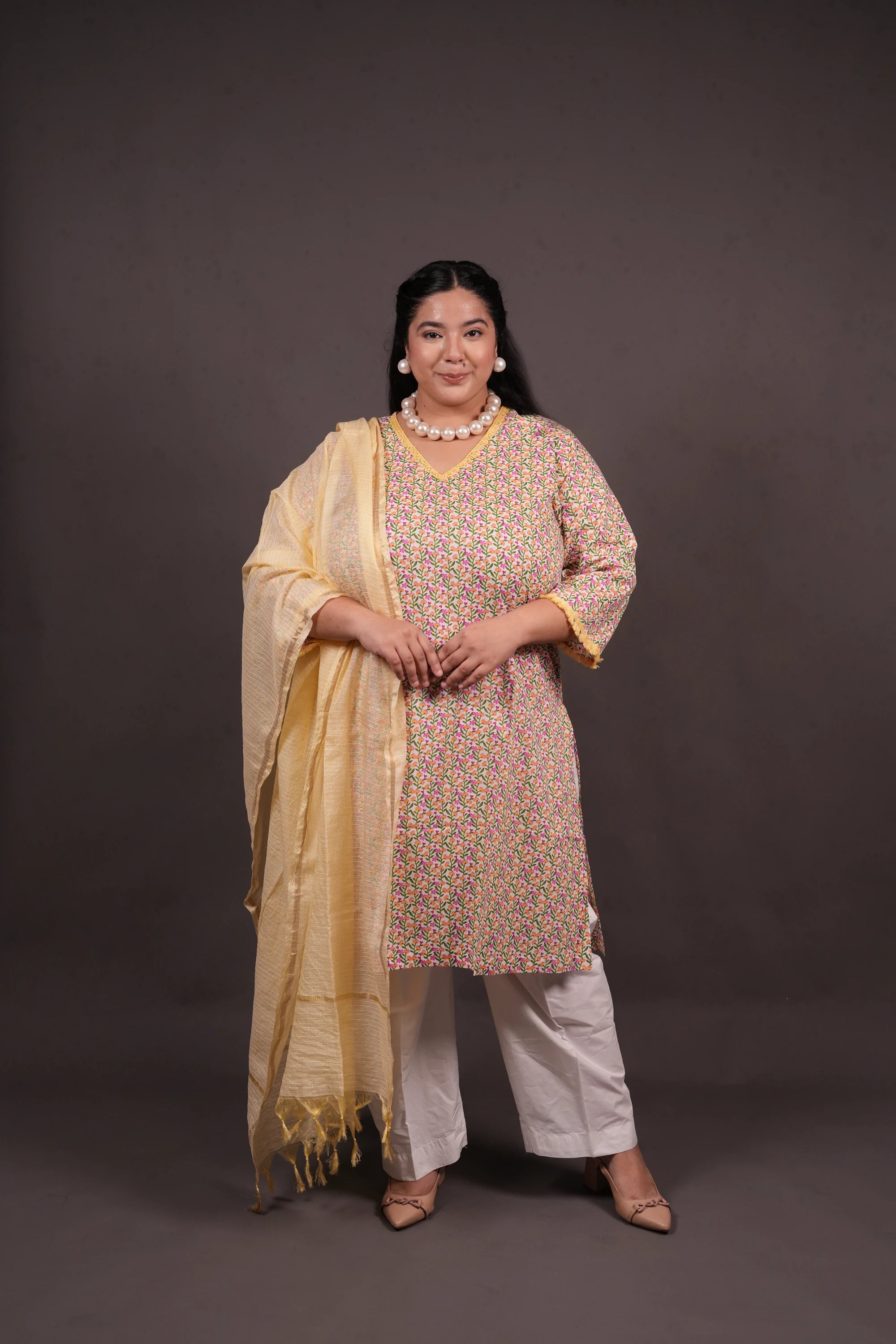 Plus Size - V Neck Yellow & White Kurti with a Pocket & an optional Butter Yellow Dupatta