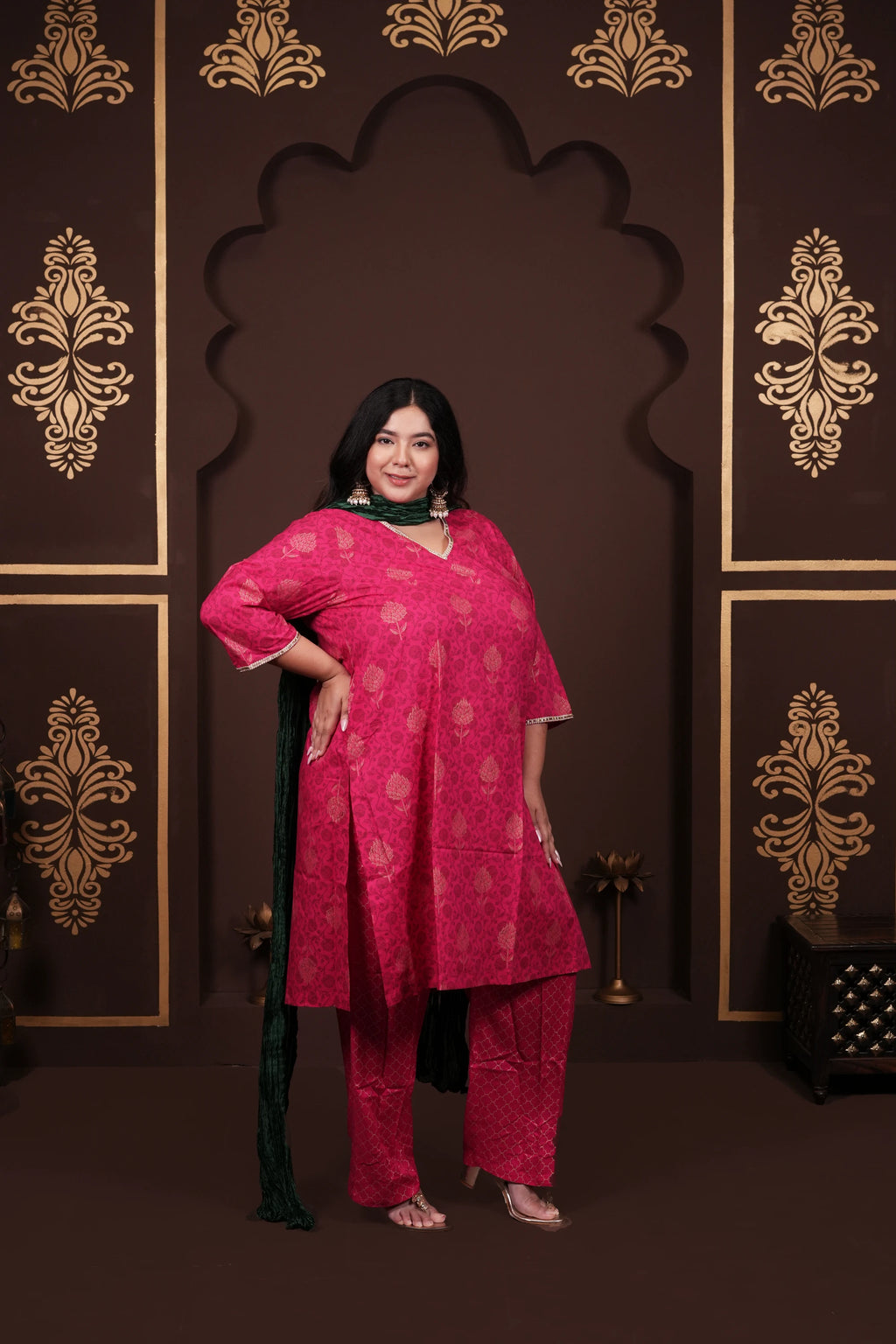 Plus Size - V Neck Bright Pink Cotton Suit Set with a Pocket & Emerald Green Silk Dupatta