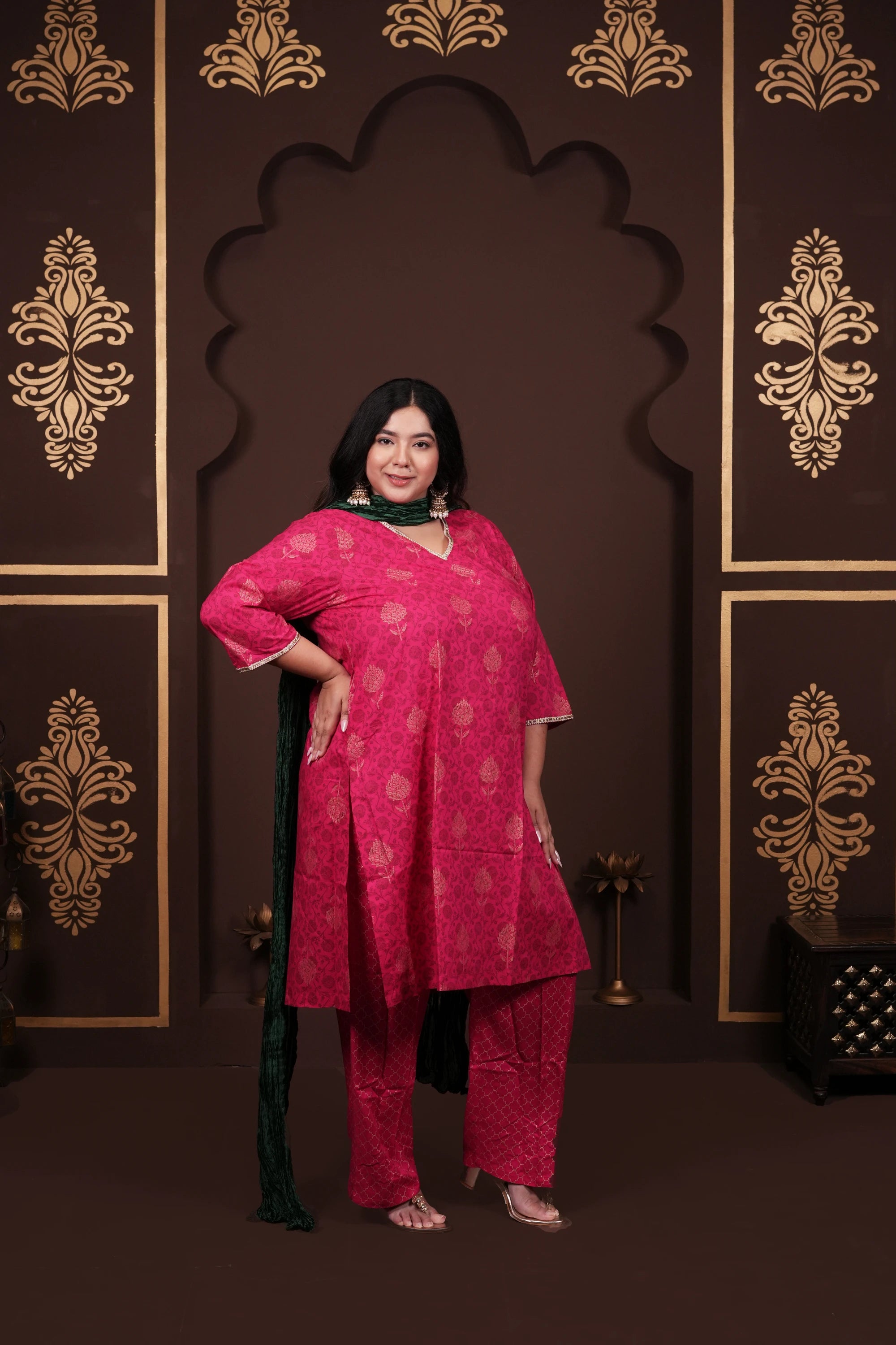 Plus Size - V Neck Bright Pink Cotton Suit Set with a Pocket & Emerald Green Silk Dupatta
