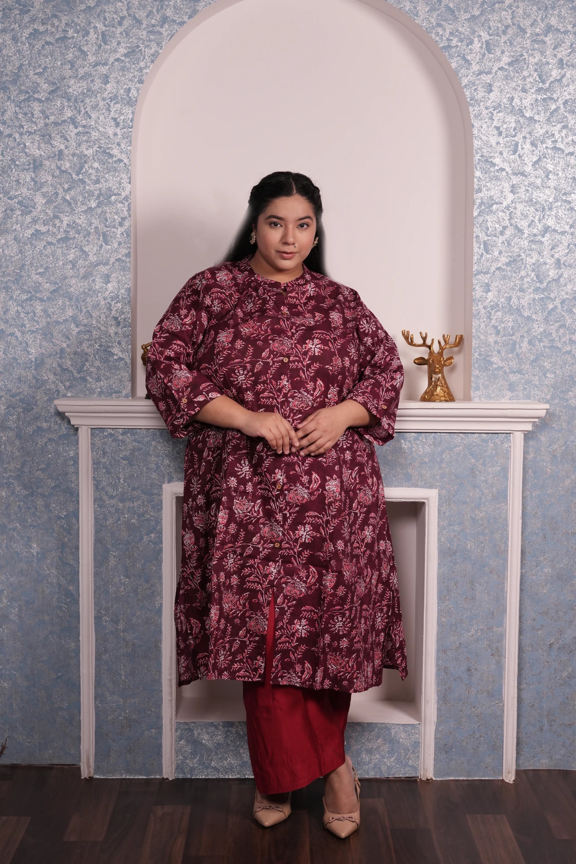 Plus Size - Collar Burgundy Floral Kurta