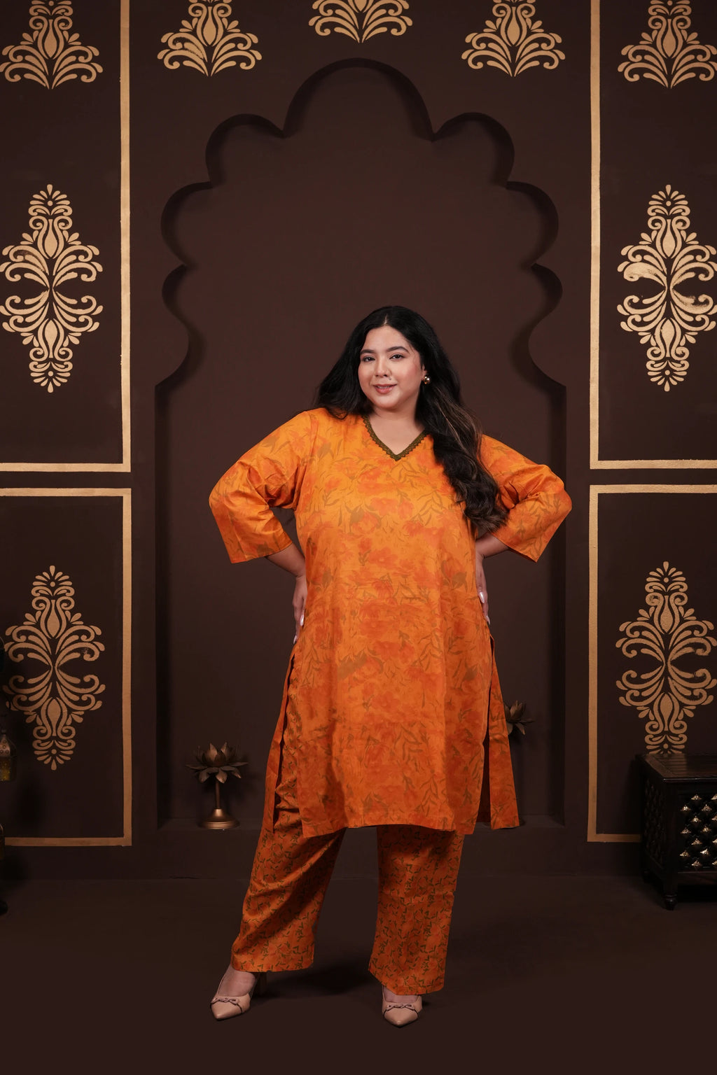 Plus Size - V Neck Mustard Cotton Suit Set with a Pocket & matching Dupatta