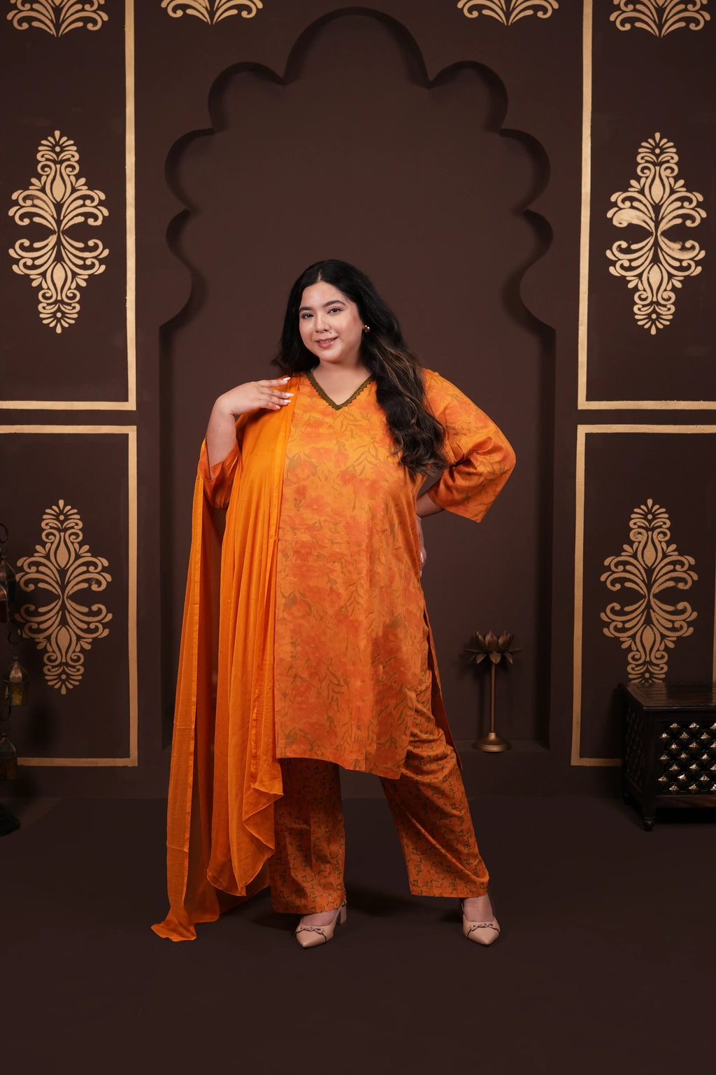 Plus Size - V Neck Mustard Cotton Suit Set with a Pocket & matching Dupatta
