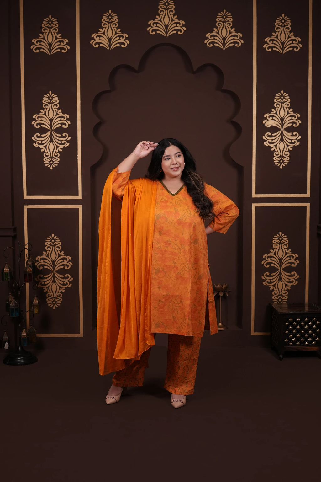 Plus Size - V Neck Mustard Cotton Suit Set with a Pocket & matching Dupatta
