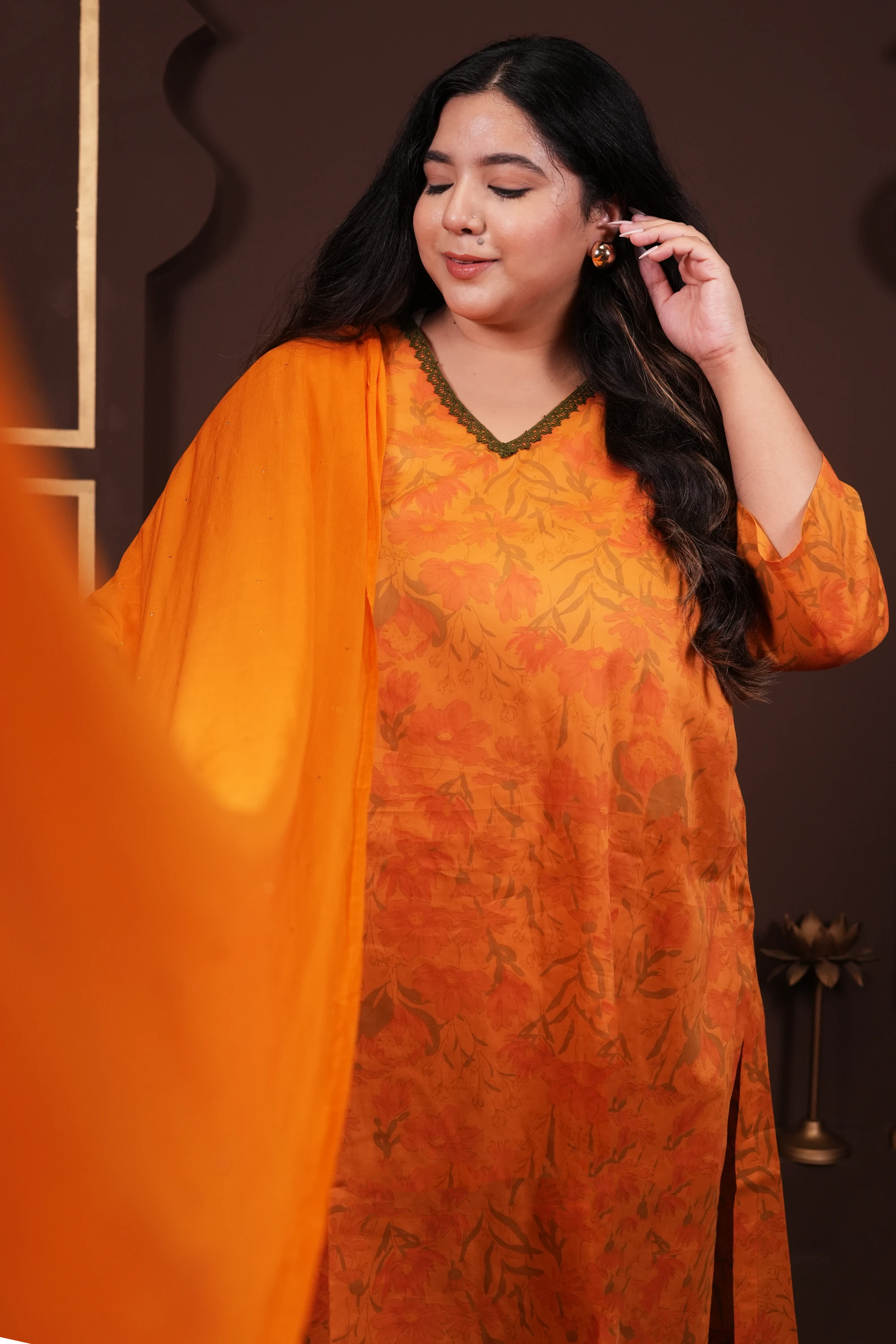 Plus Size - V Neck Mustard Cotton Suit Set with a Pocket & matching Dupatta