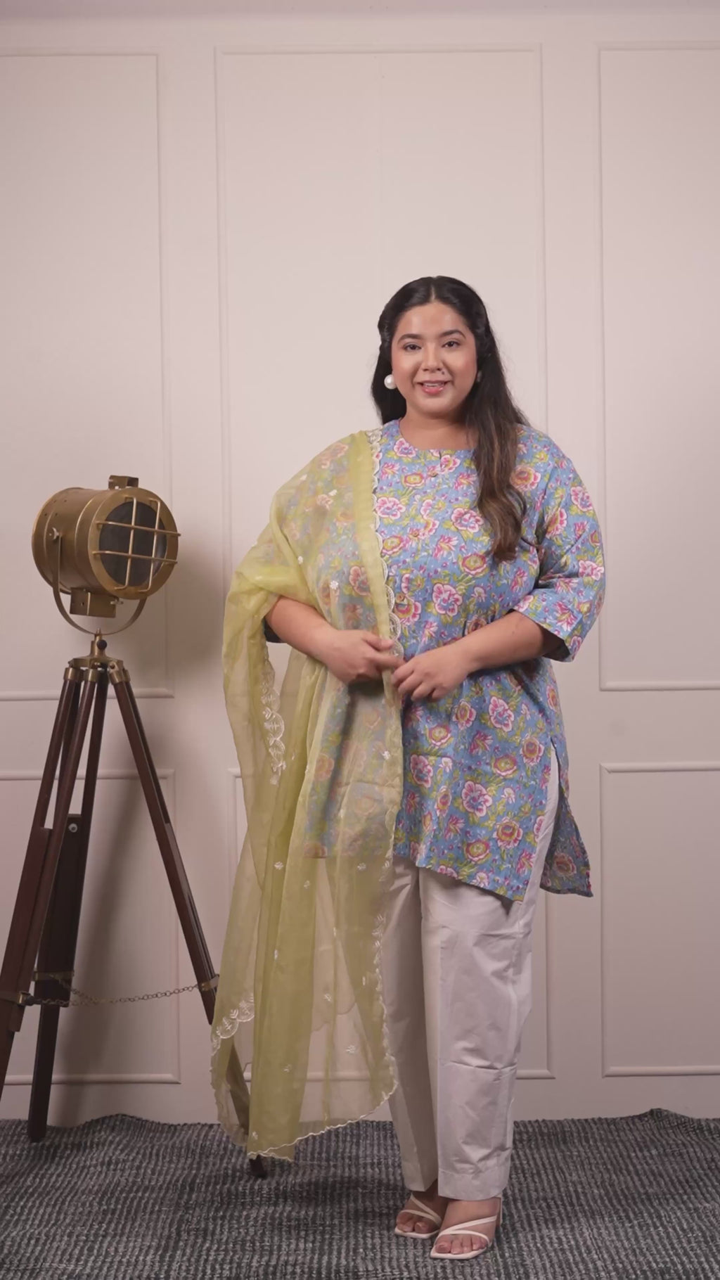 Plus Size - Round Neck Light Blue Kurti with Optional Pastel Green Organza Dupatta