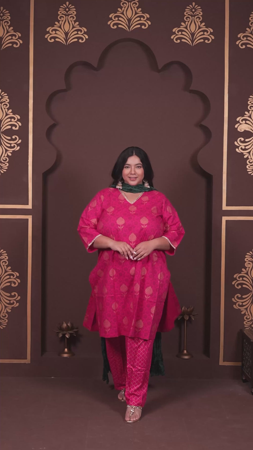 Plus Size - V Neck Bright Pink Cotton Suit Set with a Pocket & Emerald Green Silk Dupatta